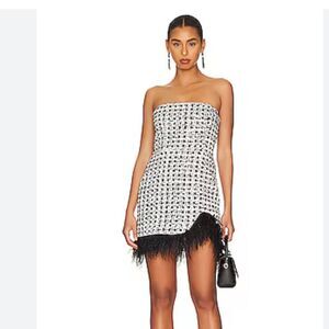 Amanda Uprichard Jazz Dress Kelly tweed rhinestone feather trim Revolve New S